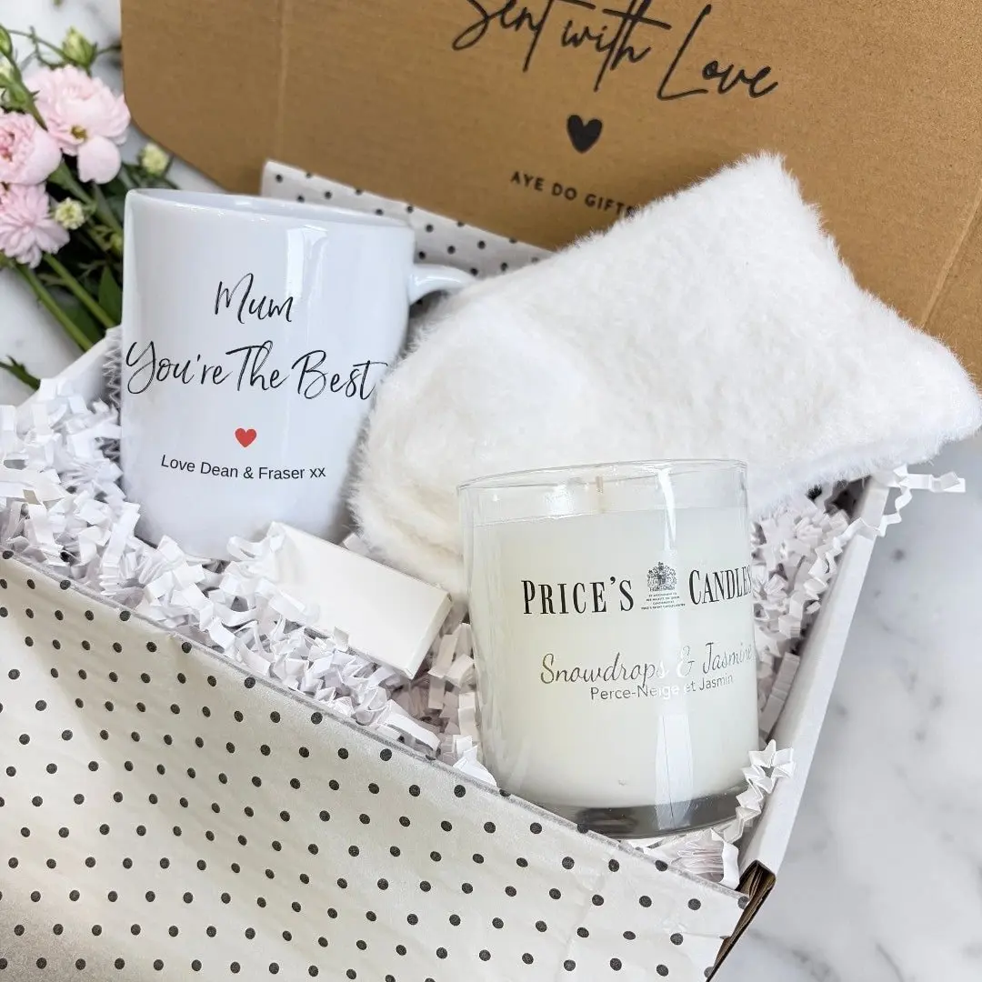 Personalised Mum mug with a scented candle, fluffy socks and matches in a gift hamper