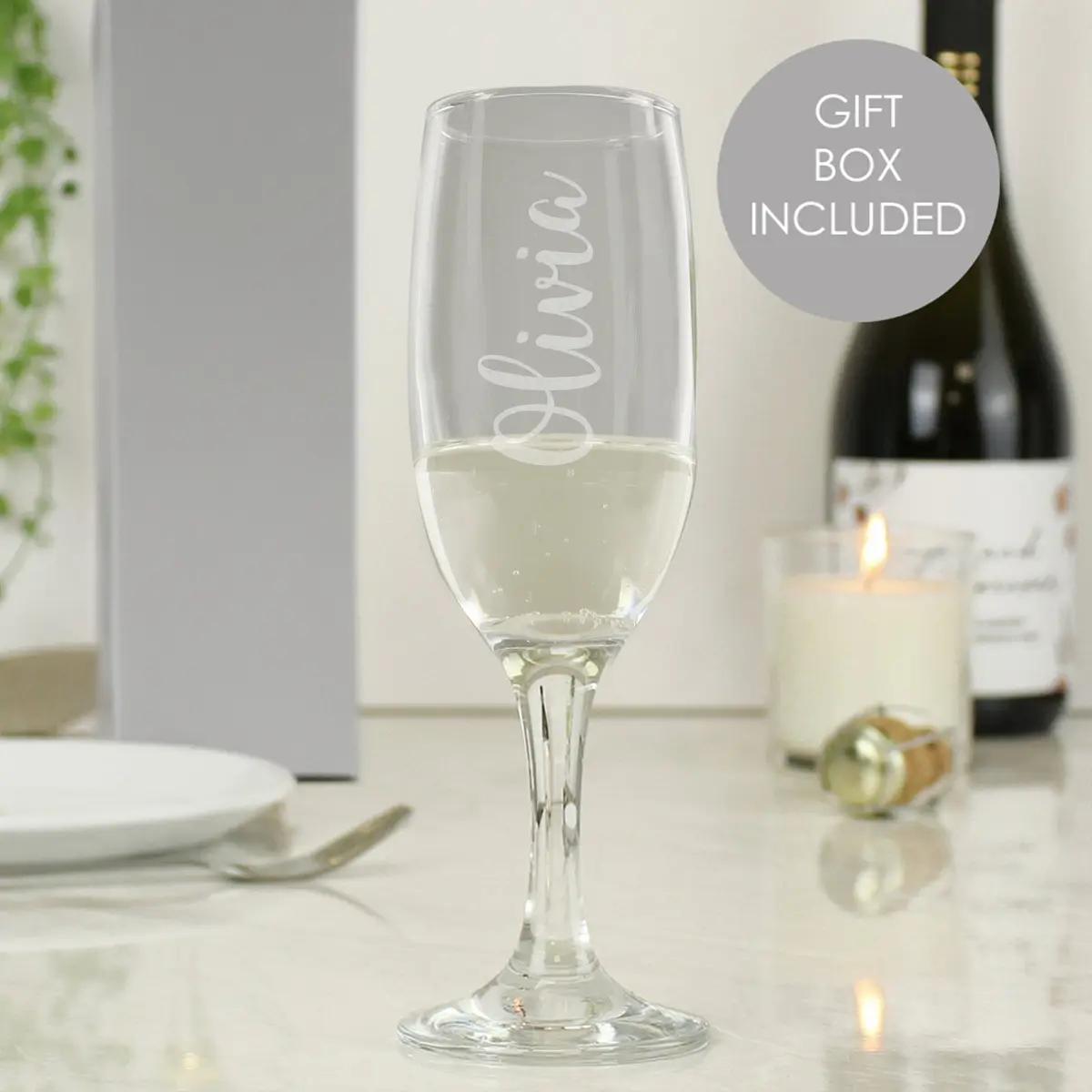 Prosecco flute engraved with a name