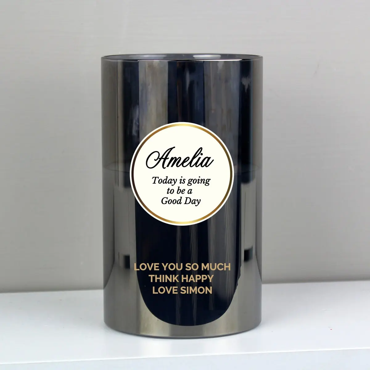 Smoked glass LED candle with seven personalised lines of text