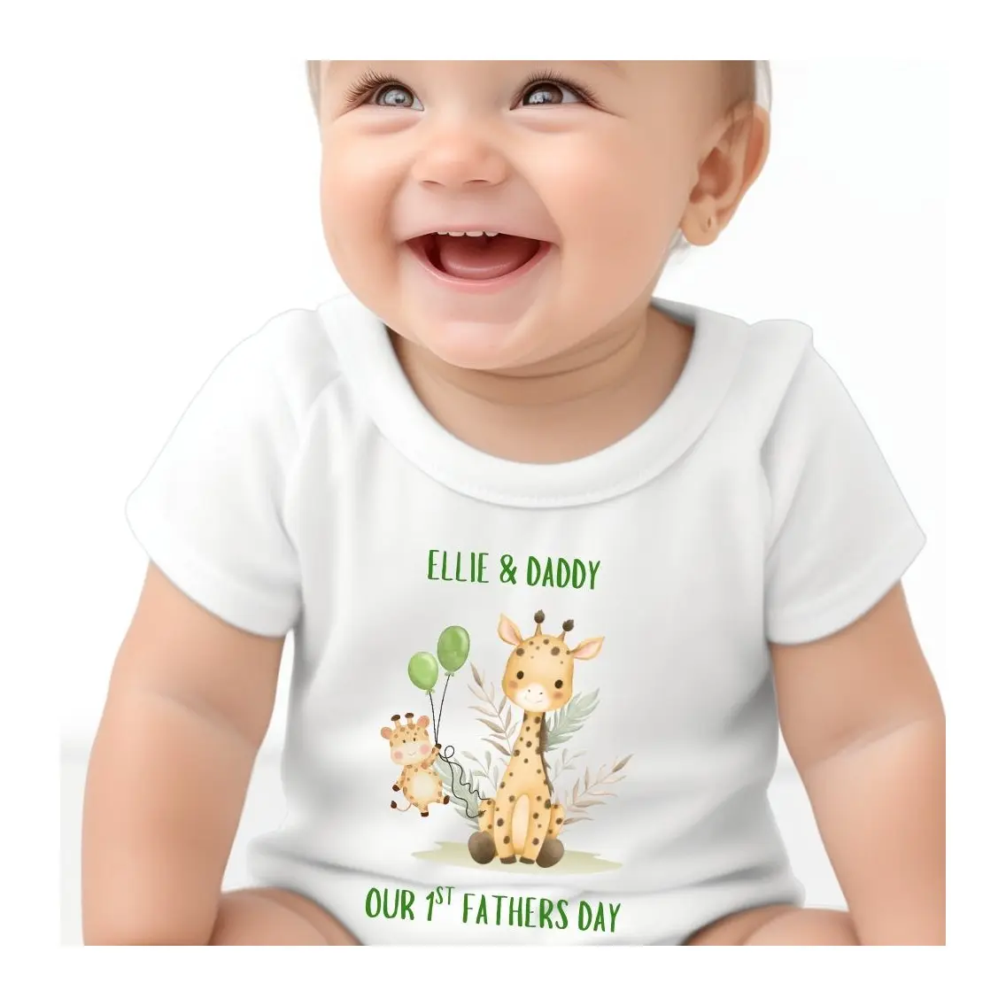 Giraffe baby outfit with the Our 1st Fathers Day design, as a bib, vest or babygrow