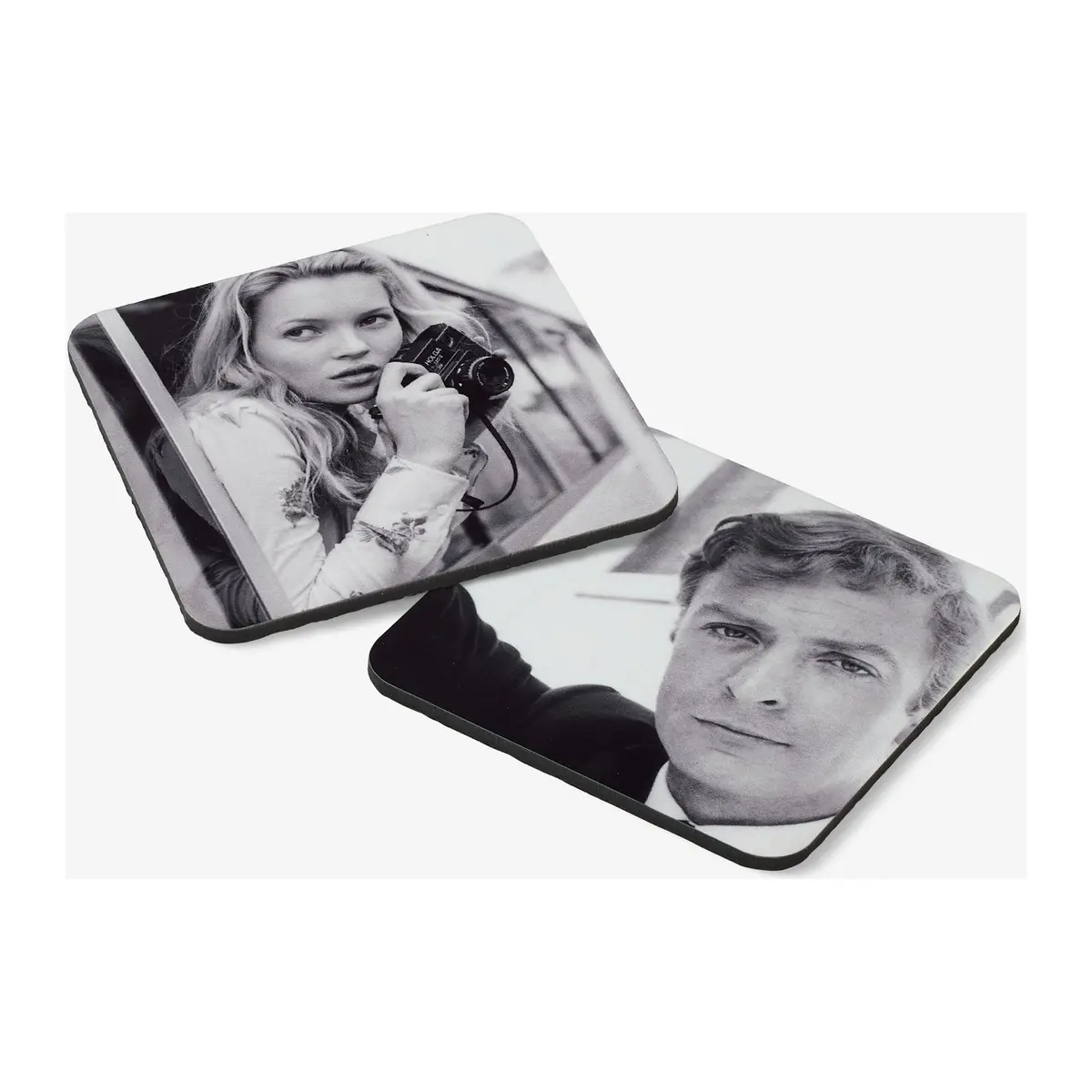 Two glossy square coasters printed with black and white portraits