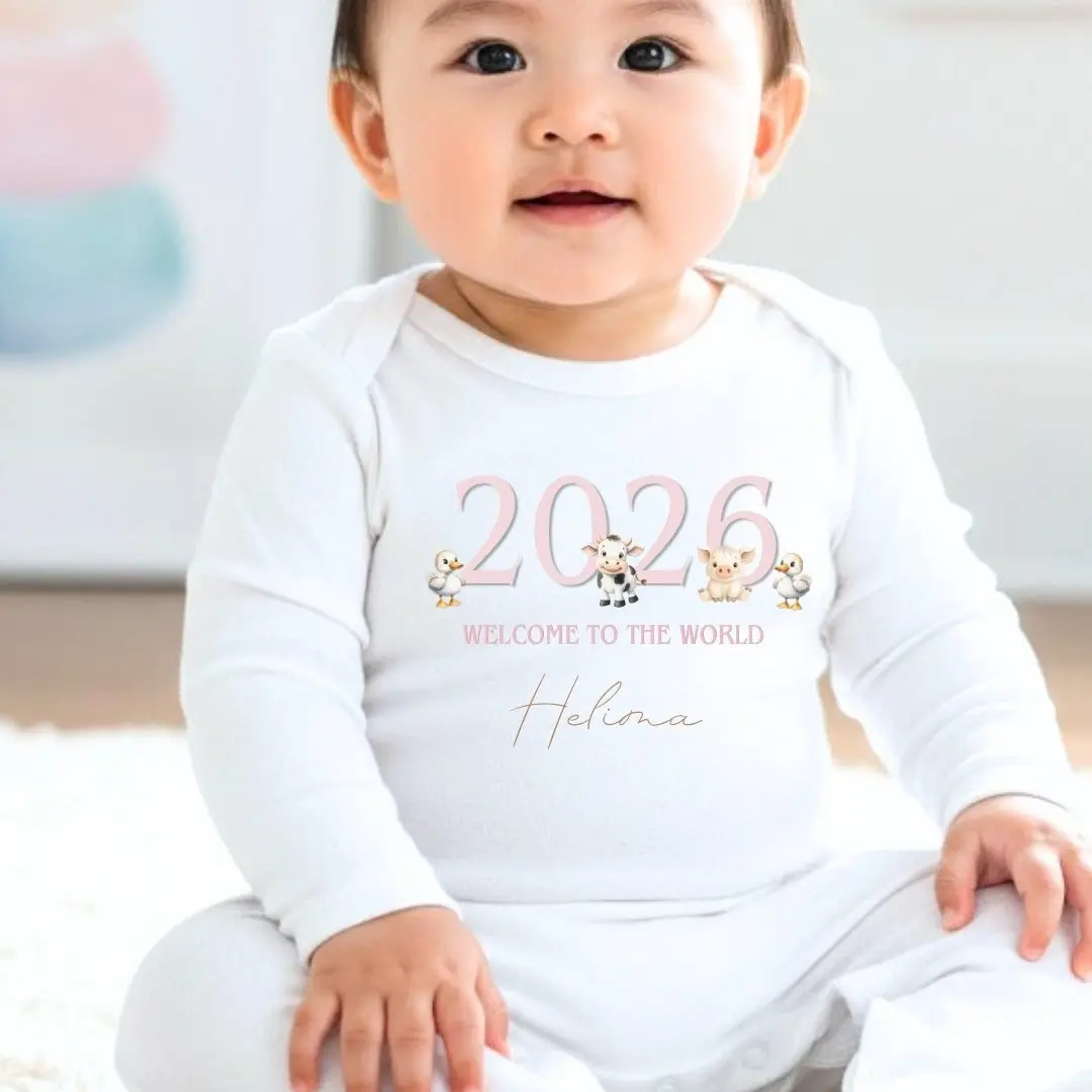 Pink farm animals print on a personalised baby grow, vest or bib