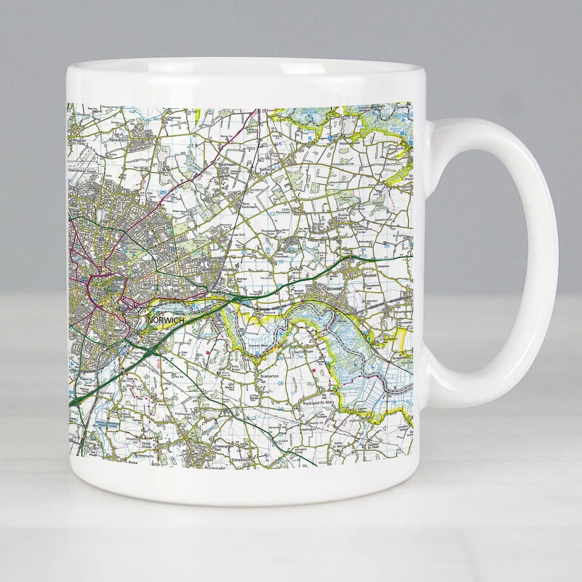 Ceramic mug showing a map of the area around a chosen postcode