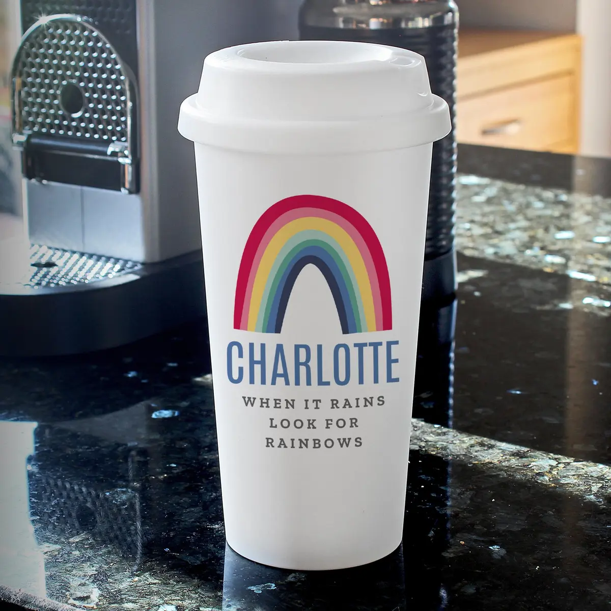 Personalised rainbow travel cup with screw-on lid
