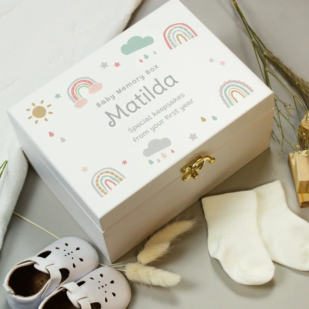 Rainbow wooden keepsake box with a metal clasp