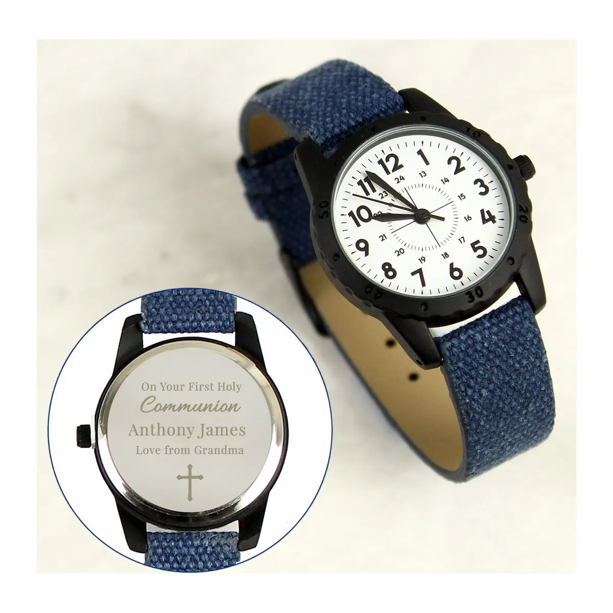 Blue watch with a blue canvas strap and an engraved design