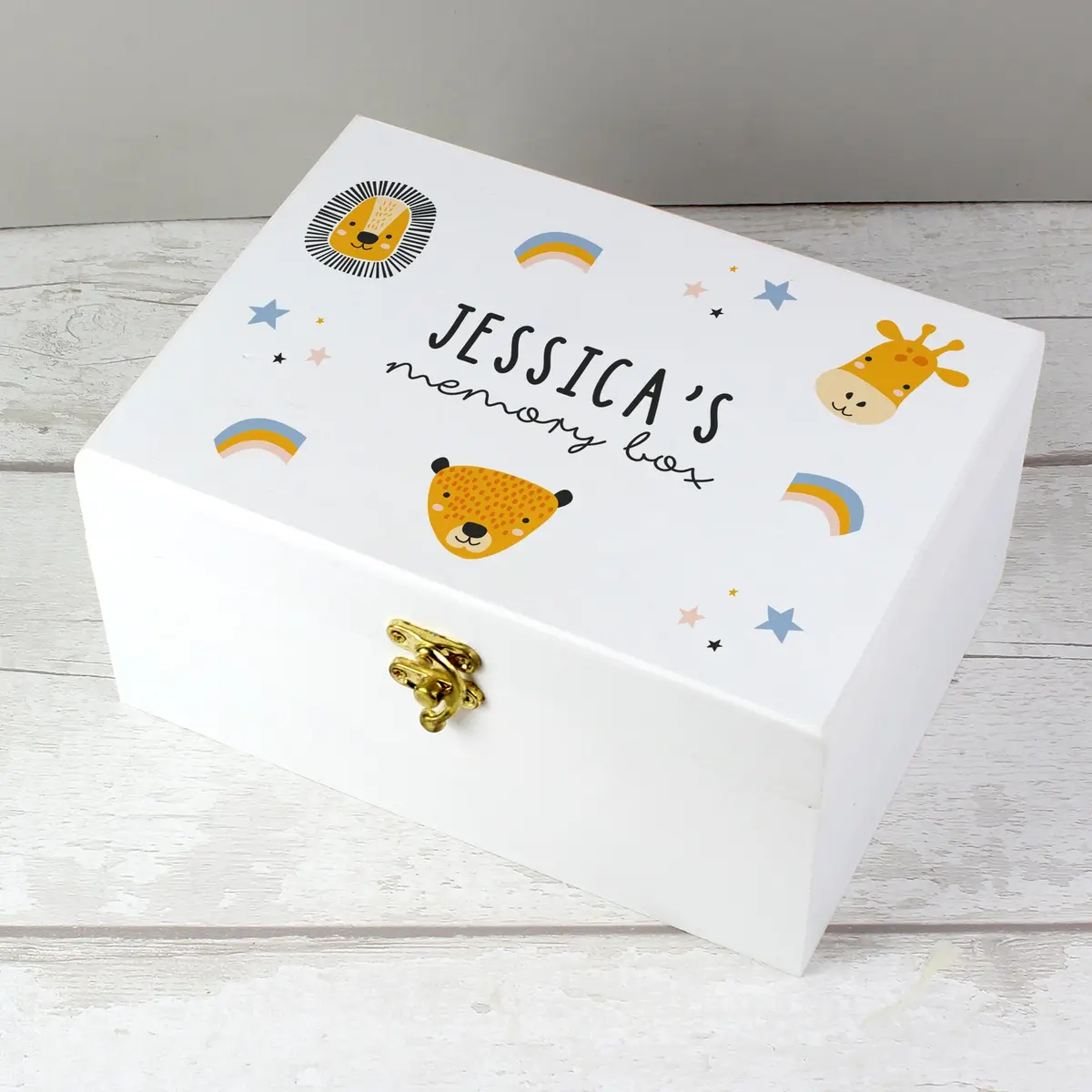 White wooden safari animal memory box with a metal clasp