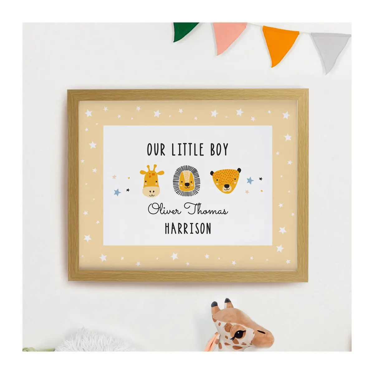 Safari animals framed print in a large oak poster frame