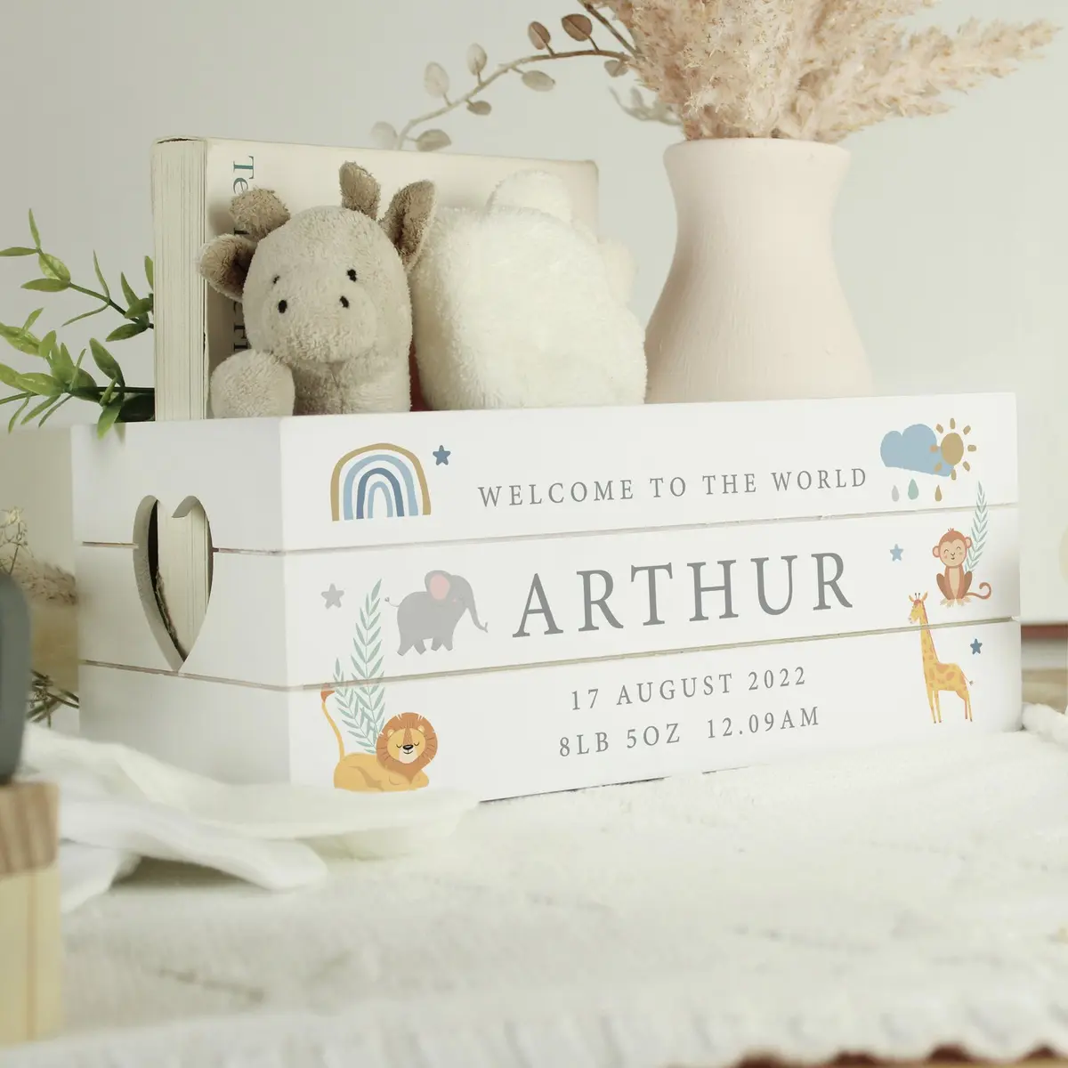 White wooden safari animals crate with heart shaped handles
