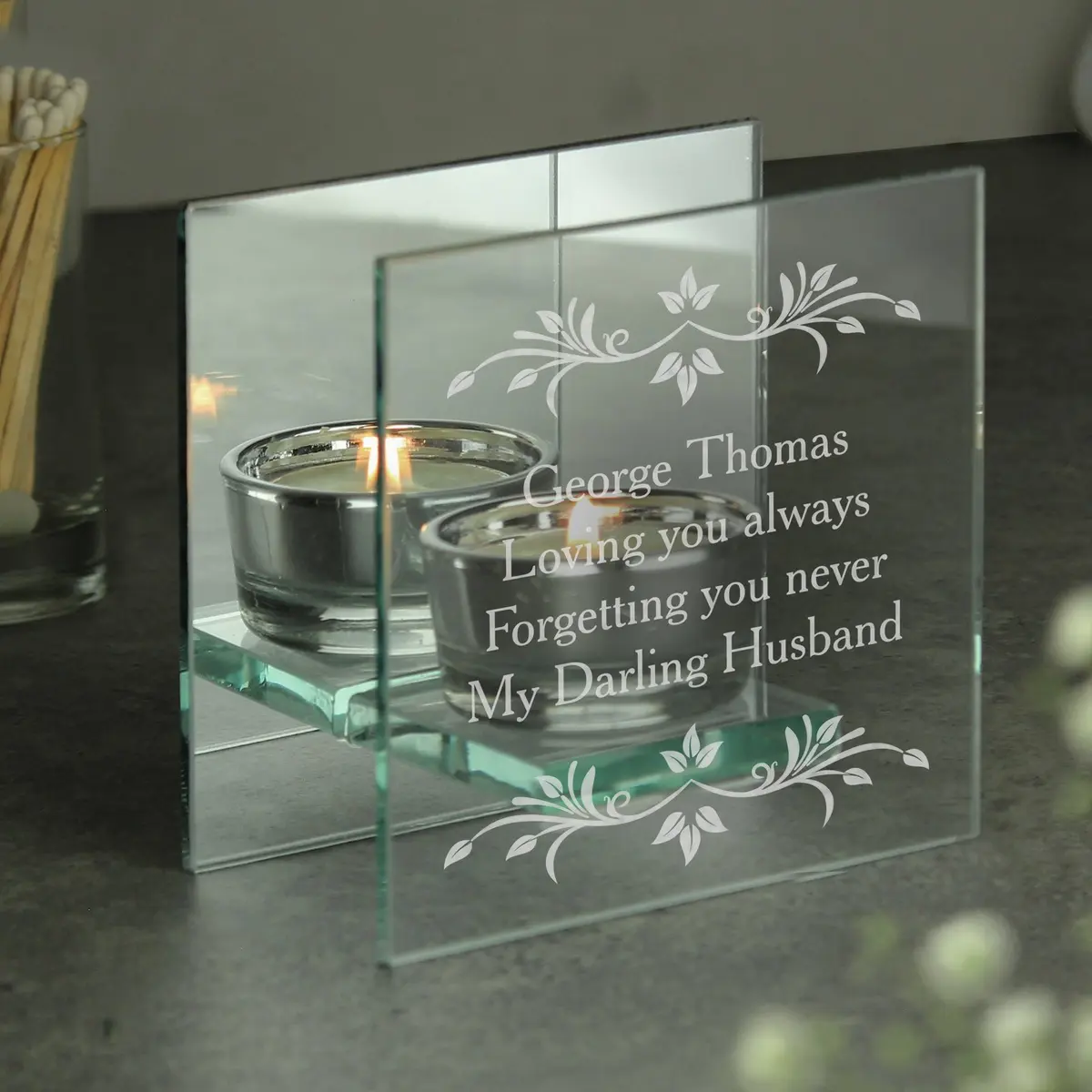 Mirrored glass tea light holder personalised with four lines of text