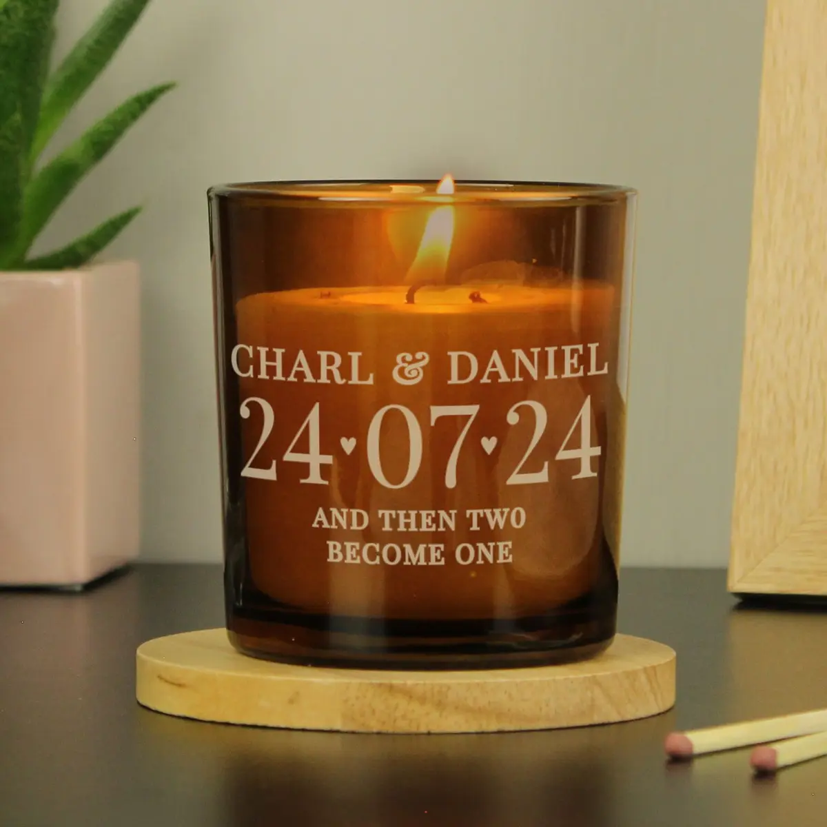 Amber glass candle jar personalised with a date and hearts