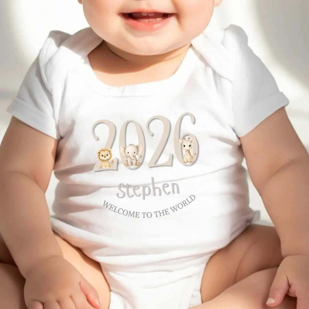 Taupe baby grow with a cream 2026 Welcome design and little jungle animals