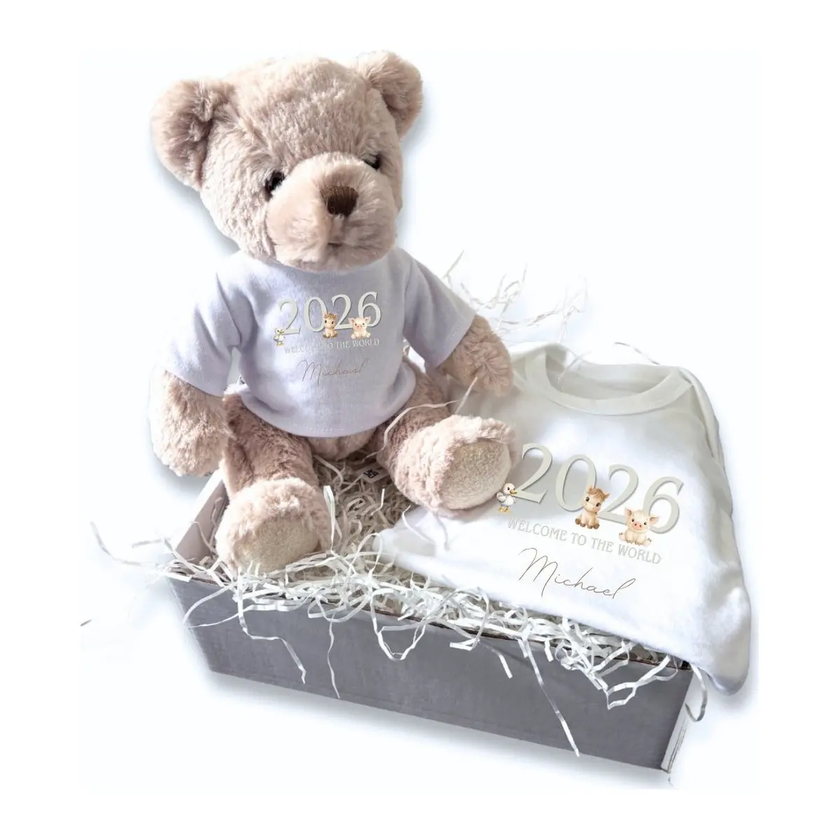 Personalised taupe farm animals baby gift box with a vest and teddy bear