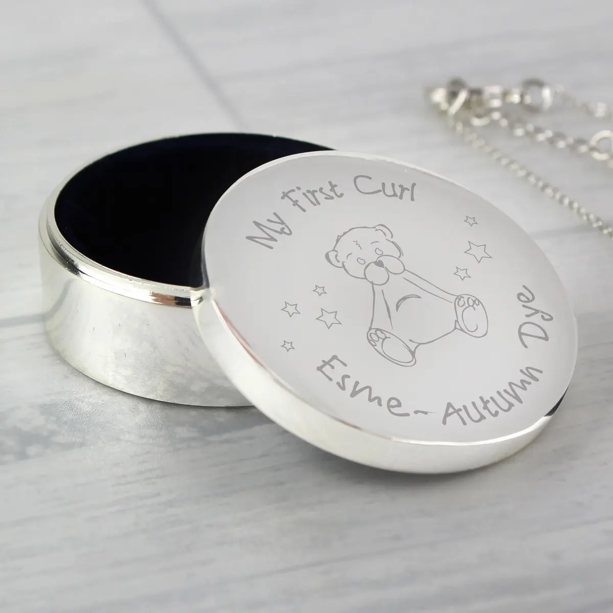 Small teddy trinket box with My First Curl wording and a personalised lid