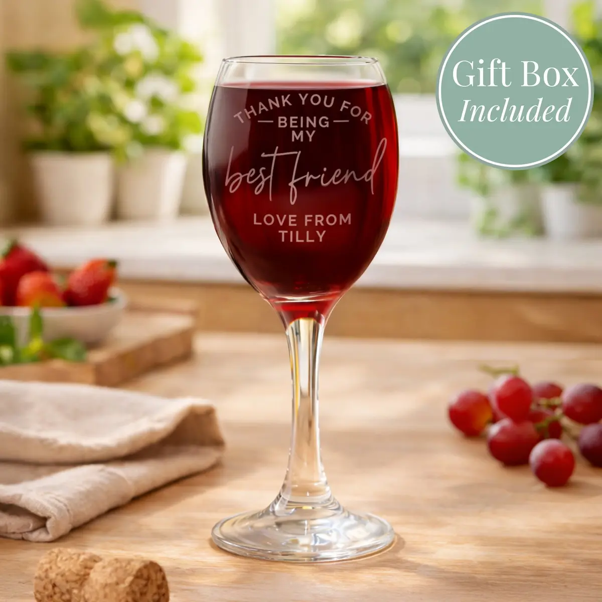 Wine glass with THANK YOU FOR BEING and a personalised message, with a silver folding box