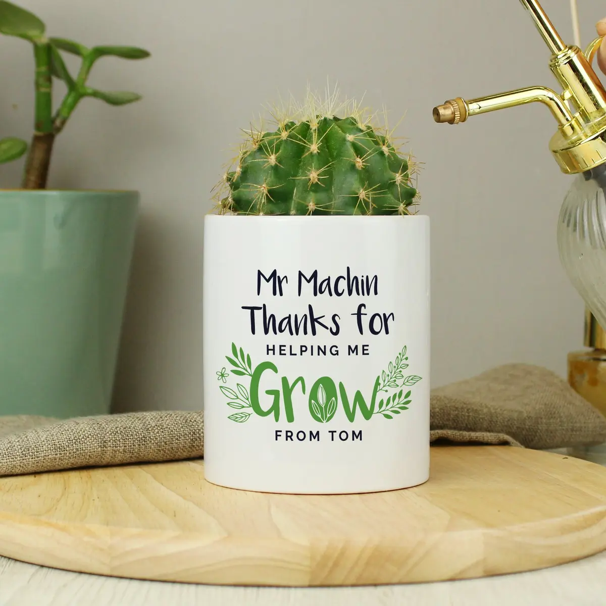 Ceramic storage pot with Thanks for helping me grow wording and personalised lines