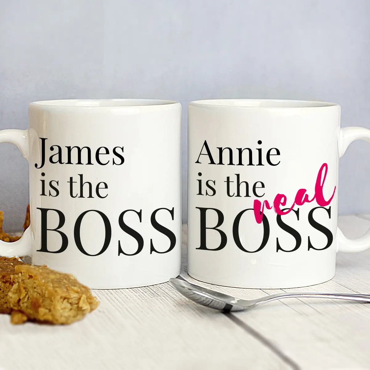 Personalised The Real Boss ceramic mug set with a name on each mug