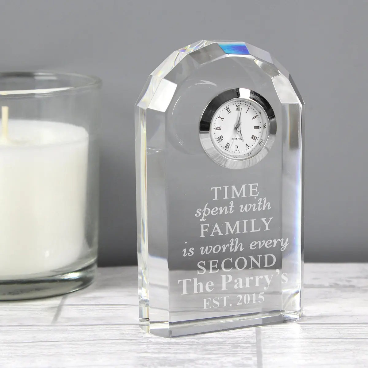 Crystal clock with Time spent with family wording and a personalised surname