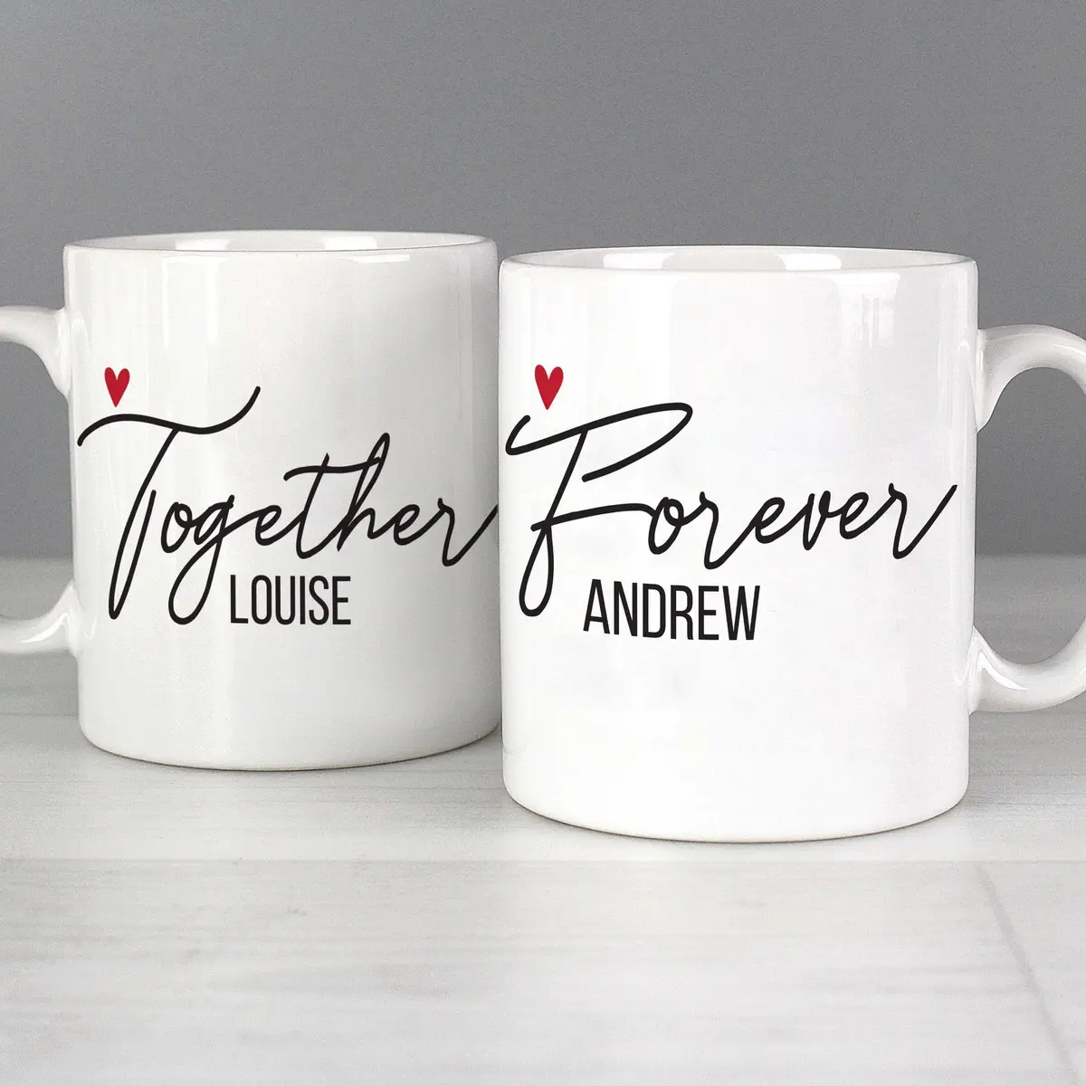 Personalised Together Forever ceramic mug set with a name on each mug