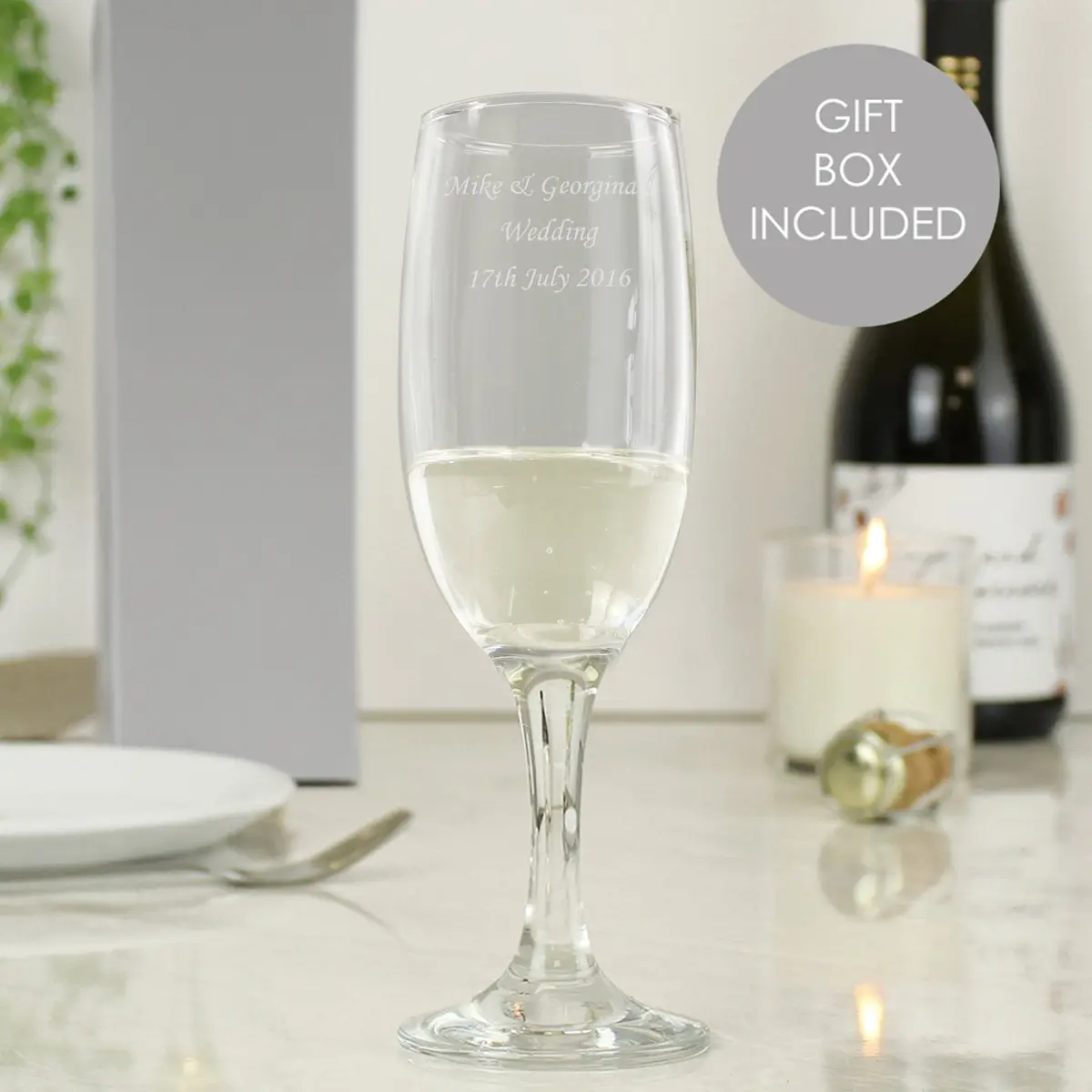 Personalised traditional toast champagne flute with three lines of text