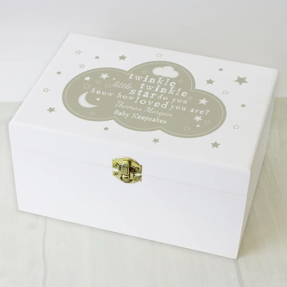 White wooden keepsake box with twinkle twinkle design and metal clasp