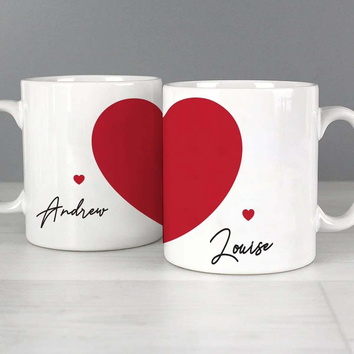 Personalised Two Hearts ceramic mug set with a name on each mug