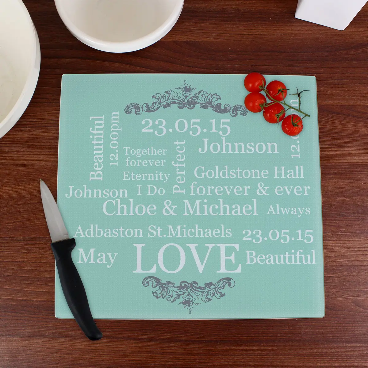 Personalised typography glass chopping board with names, date and message