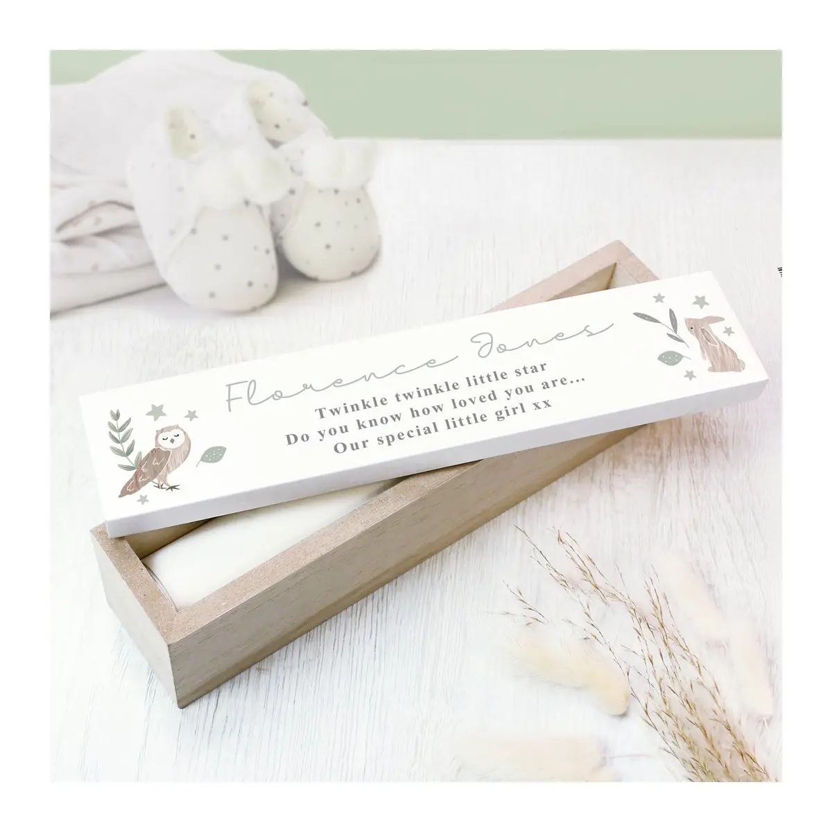 Wooden woodland animals birth certificate holder box with personalised text