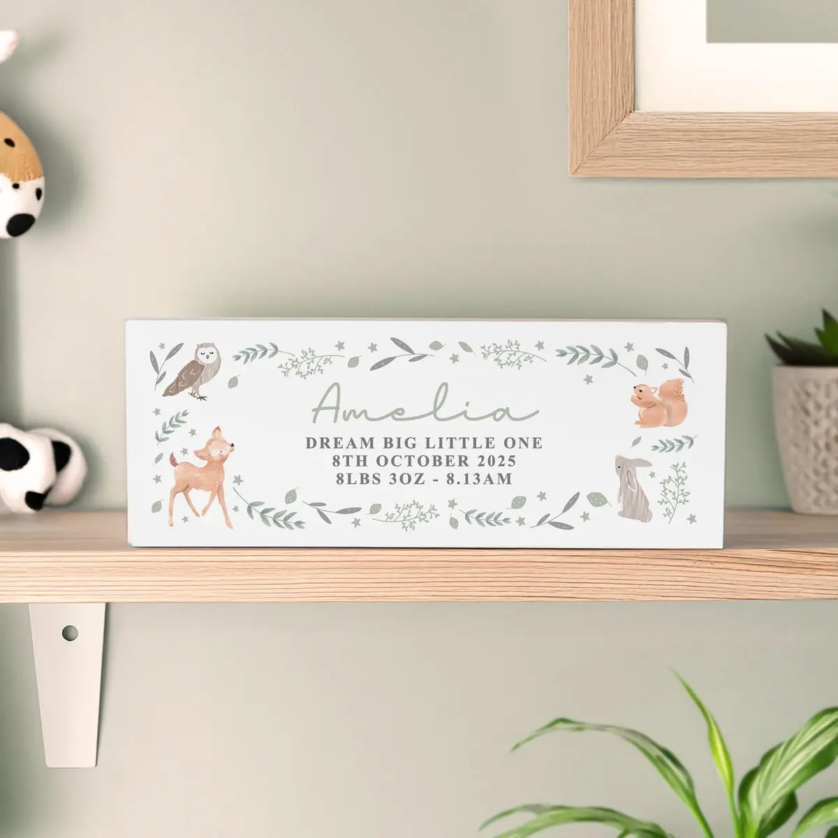 Solid wood woodland animals block sign with four lines of personalised text