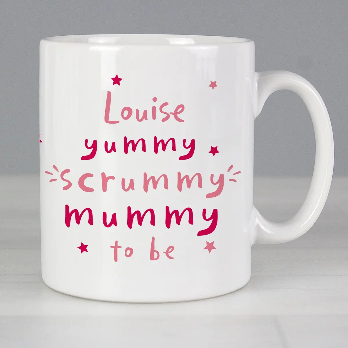 Ceramic Yummy Scrummy Mummy To Be mug personalised with a name on the front
