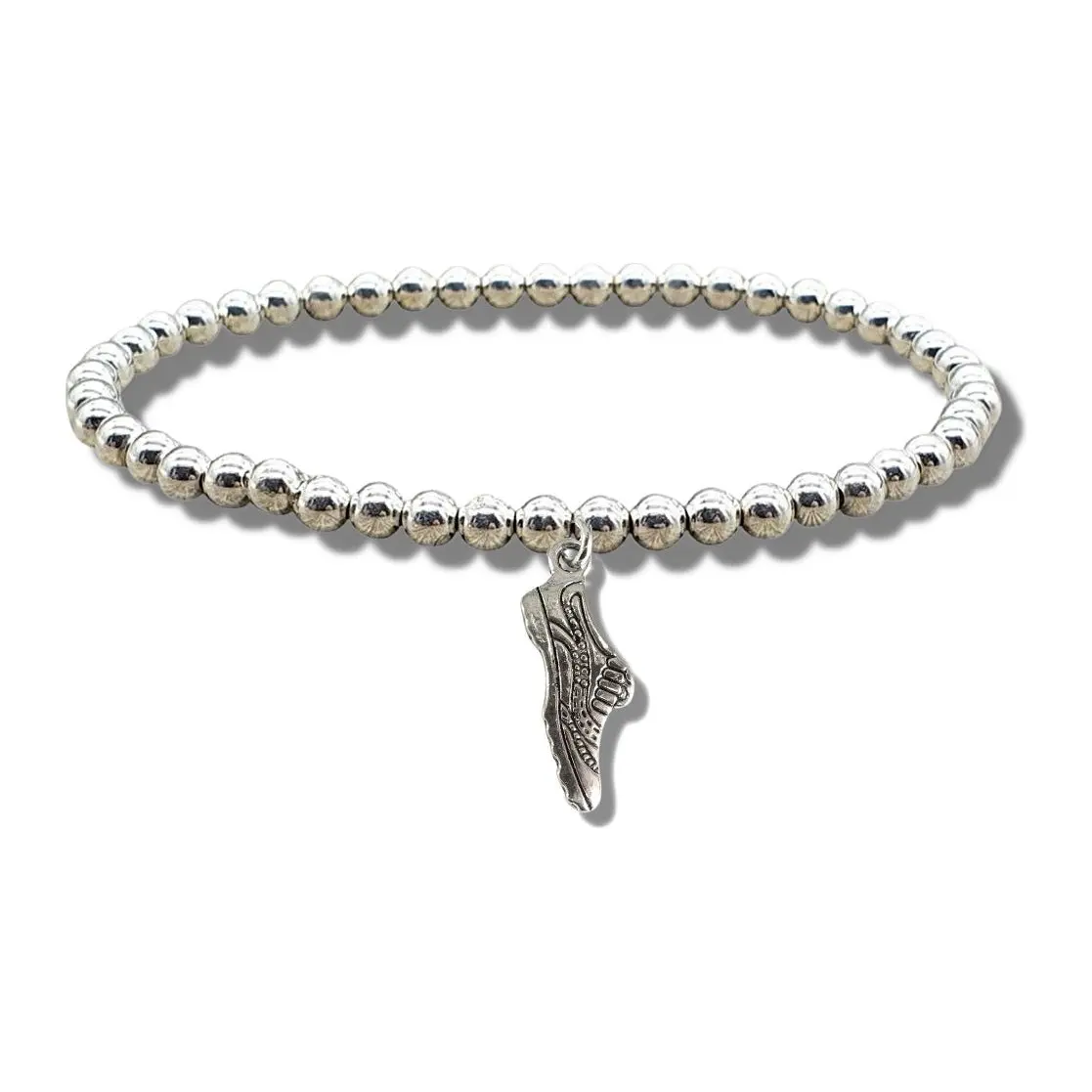 Silver beaded stretch bracelet with a running shoe charm