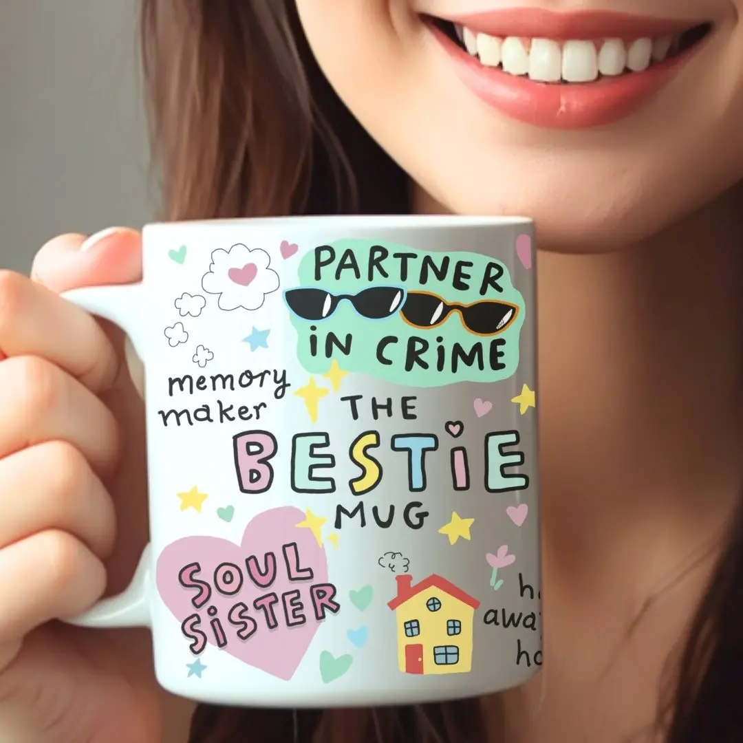 Colourful ceramic bestie mug printed with cute phrases on both sides